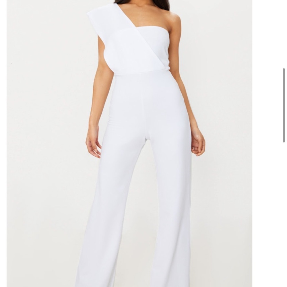 One Shoulder Drape White Jumpsuit